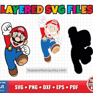 Pu&ograve; includere: Grafica digitale con tre versioni di un personaggio dei cartoni animati in rosso, blu e marrone. Il testo "LAYERED SVG FILES" &egrave; in alto. Il banner inferiore include "SVG, PNG, DXF, EPS, PDF" e i loghi Cricut e Silhouette.