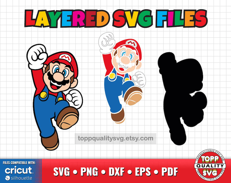 Pu&ograve; includere: Grafica digitale con tre versioni di un personaggio dei cartoni animati in rosso, blu e marrone. Il testo "LAYERED SVG FILES" &egrave; in alto. Il banner inferiore include "SVG, PNG, DXF, EPS, PDF" e i loghi Cricut e Silhouette.