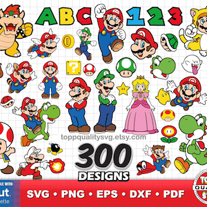 May include: A digital collection of 300 colorful character illustrations featuring Mario, Luigi, Princess Peach, Bowser, Yoshi, and various game items like mushrooms, stars, and coins. The text includes ABC, 123, 300 DESIGNS, and file formats.
