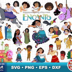May include: A digital collection of Encanto character illustrations featuring Mirabel, Isabela, Luisa, Bruno, and other family members, along with the Casita house, a toucan, and a jaguar, all set against a white grid background with file format text.