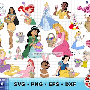 May include: A collection of colorful cartoon illustrations featuring Disney characters, including princesses, animals, and Easter eggs. The image includes the text "SVG • PNG • EPS • DXF" and "toppqualitysvg.etsy.com".