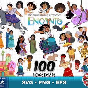 Puede incluir: Una colección digital de 100 diseños de personajes de Encanto que presenta a Mirabel, Isabela, Luisa y otros miembros de la familia en varias poses. El conjunto incluye ilustraciones de la casa Madrigal, animales y el logo de Encanto.