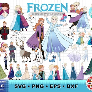 May include: A collection of digital cut files featuring characters from the movie "Frozen." The images include Elsa, Anna, Olaf, Kristoff, and other characters in various poses. The word "FROZEN" is displayed in blue, along with file type icons.