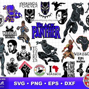 May include: A collection of Black Panther-themed SVG and PNG files. The images include illustrations of Black Panther, Wakanda symbols, and text that reads "Wakanda Forever," "Black Panther," and "Long Live the King." The files are compatible with Cricut and Silhouette machines.