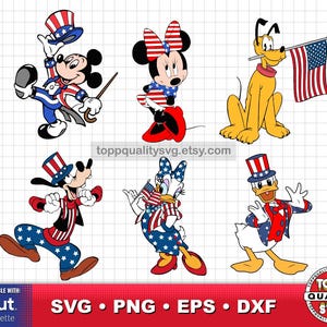 Mickey en vrienden 4 juli clipart set, afdrukbare ambachtelijke levering, Happy Fourth Of July svg voor Cricut / Silhouette, Independence Day png