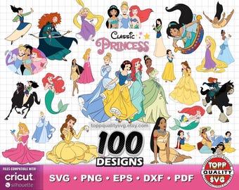 Puede incluir: Una colección de 100 diseños digitales con varias princesas animadas en vestidos coloridos, incluyendo personajes con cabello largo, sirenas y figuras a caballo. El texto dice Classic Princess, 100 Designs y formatos de archivo.