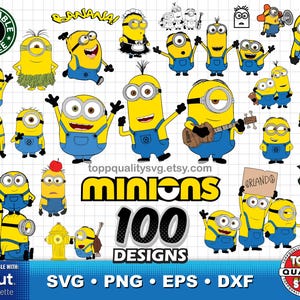 Puede incluir: Una colección de diseños de personajes Minion amarillos en varias poses, vistiendo monos azules. La imagen incluye el texto "MINIONS 100 DESIGNS" y "SVG • PNG • EPS • DXF". También se incluye el texto "DESPICABLE COFFEE".