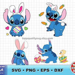 Könnte beinhalten: Vier blaue Zeichentrickfiguren, jede mit Hasenohren, sind in diesem Bild zu sehen. Einer hält ein buntes Osterei, ein anderer ist von Karotten umgeben, und ein dritter bemalt ein Ei. Ein Entlein schlüpft in dem letzten Bild aus einem Ei.