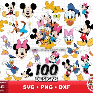 Paquete de 100 cliparts de Mickey y sus amigos, material para manualidades, archivos de corte SVG de Mickey Mouse para Cricut/Silueta, Pato Donald SVG, Mickey png, dxf