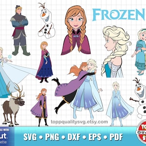 Puede incluir: Una colección de ilustraciones de dibujos animados con personajes de la película "Frozen". Las imágenes incluyen a Elsa, Anna, Olaf, Kristoff y Sven, en varias poses. La palabra "FROZEN" se muestra en azul, junto con iconos de tipo de archivo.