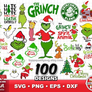 Peut inclure: Une collection de 100 motifs sur le thème du Grinch, aux formats SVG, PNG, EPS et DXF. Les motifs comprennent divers personnages du Grinch, des citations et des éléments sur le thème de Noël. La palette de couleurs comprend le vert, le rouge et le blanc.