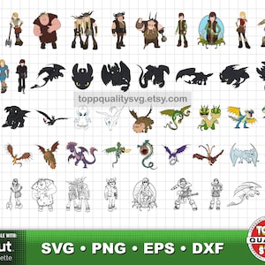 Puede incluir: Una colecci&oacute;n de archivos SVG, PNG, EPS y DXF con personajes y dragones de la franquicia "C&oacute;mo entrenar a tu drag&oacute;n". La imagen incluye varias ilustraciones de personajes y dise&ntilde;os de dragones en color y blanco y negro.