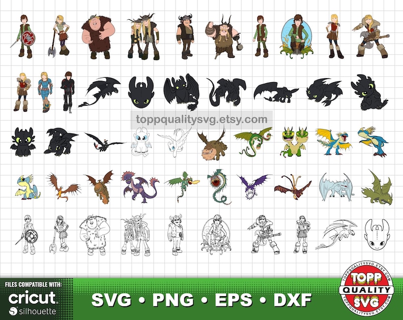 Puede incluir: Una colecci&oacute;n de archivos SVG, PNG, EPS y DXF con personajes y dragones de la franquicia "C&oacute;mo entrenar a tu drag&oacute;n". La imagen incluye varias ilustraciones de personajes y dise&ntilde;os de dragones en color y blanco y negro.