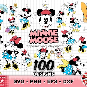 Op de afbeelding: Een verzameling van 100 Minnie Mouse-ontwerpen in verschillende poses, gekleed in jurken met stippen en strikken. De afbeelding bevat de tekst "MINNIE MOUSE" en "100 DESIGNS", samen met pictogrammen voor bestandstypen voor SVG, PNG, EPS en DXF.