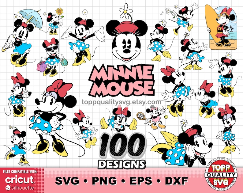 Op de afbeelding: Een verzameling van 100 Minnie Mouse-ontwerpen in verschillende poses, gekleed in jurken met stippen en strikken. De afbeelding bevat de tekst "MINNIE MOUSE" en "100 DESIGNS", samen met pictogrammen voor bestandstypen voor SVG, PNG, EPS en DXF.