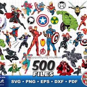 Może przedstawiać: Cyfrowa kolekcja 500 plików graficznych z superbohaterami Marvela, w tym Iron Manem, Kapitanem Ameryką, Hulkiem, Thorem, Czarną Wdową i innymi. Obraz zawiera różne pozy postaci, logotypy oraz tekst "toppqualitysvg.etsy.com" i "500 FILES".