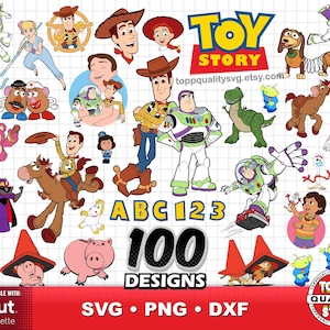 May include: A collection of colourful digital designs featuring characters from the animated film "Toy Story." The image includes Woody, Buzz Lightyear, and other characters, along with the text "TOY STORY," "ABC 123," and "100 DESIGNS." The designs are compatible with Cricut and Silhouette.