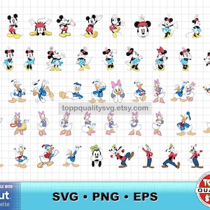 May include: A digital collection of cartoon character illustrations featuring Mickey Mouse, Minnie Mouse, Donald Duck, Daisy Duck, and Goofy in various poses and outfits. The characters are rendered in classic colors on a white grid background.