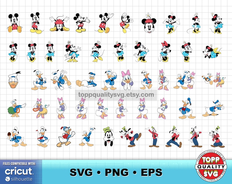 May include: A digital collection of cartoon character illustrations featuring Mickey Mouse, Minnie Mouse, Donald Duck, Daisy Duck, and Goofy in various poses and outfits. The characters are rendered in classic colors on a white grid background.