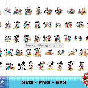 May include: A collection of digital illustrations featuring Mickey Mouse and friends in various poses and activities, including surfing, playing sports, and interacting with each other. The characters are rendered in classic colors on a grid background.