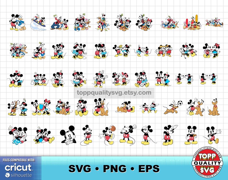 May include: A collection of digital illustrations featuring Mickey Mouse and friends in various poses and activities, including surfing, playing sports, and interacting with each other. The characters are rendered in classic colors on a grid background.