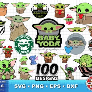 Może przedstawiać: Kolekcja 100 wzorów Baby Yody w formatach SVG, PNG, EPS i DXF. Obrazy przedstawiają postać w różnych pozach, w tym trzymającą serca, w pudełku i z napisem "Baby Yoda".