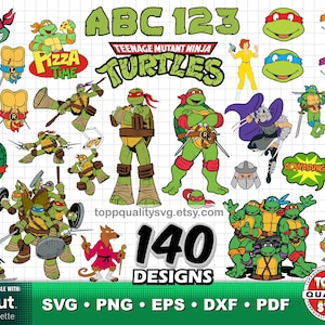 Könnte beinhalten: Eine digitale Sammlung von Teenage Mutant Ninja Turtles Grafikdesigns mit verschiedenen Charakterposen, Masken, Panzern und Textelementen wie ABC 123, Pizza Time und Cowabunga. Das Set enthält 140 Designs in den Formaten SVG, PNG, EPS, DXF und PDF.