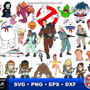 May include: A collection of colorful digital illustrations featuring characters and elements from the Ghostbusters franchise. Includes the Ghostbusters logo, Stay Puft Marshmallow Man, Slimer, and other iconic figures. The image is compatible with Cricut and Silhouette.