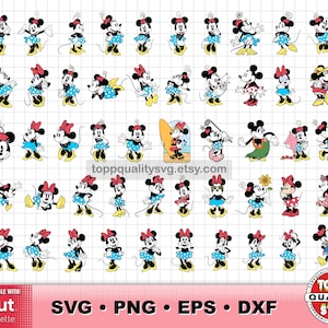 Op de afbeelding: Een verzameling Minnie Mouse-personageontwerpen in verschillende poses, gekleed in jurken, strikken en hoeden. De afbeeldingen zijn in cartoonstijl, met een rasterachtergrond. De onderkant van de afbeelding bevat de tekst "SVG &bull; PNG &bull; EPS &bull; DXF".