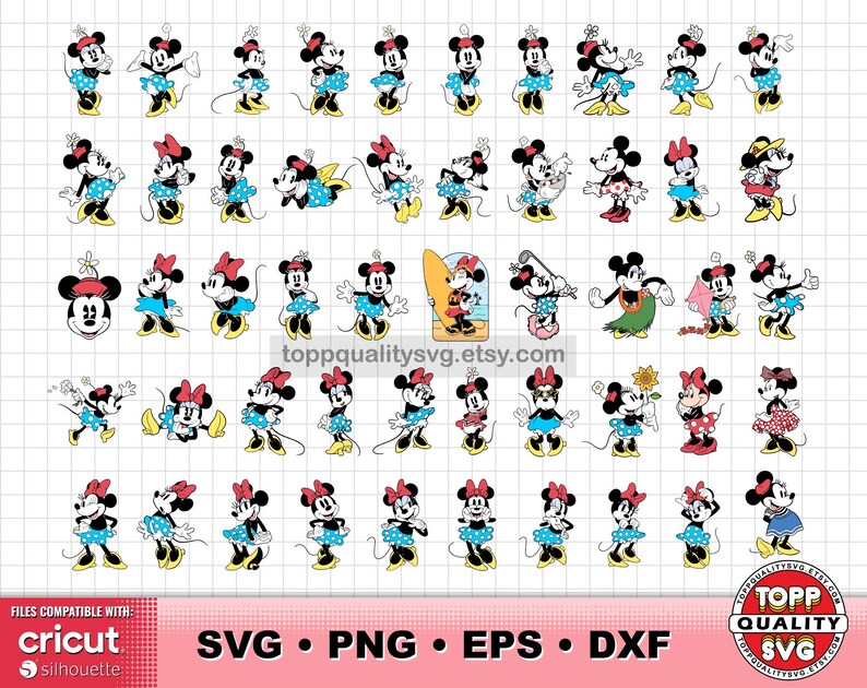 Op de afbeelding: Een verzameling Minnie Mouse-personageontwerpen in verschillende poses, gekleed in jurken, strikken en hoeden. De afbeeldingen zijn in cartoonstijl, met een rasterachtergrond. De onderkant van de afbeelding bevat de tekst "SVG &bull; PNG &bull; EPS &bull; DXF".