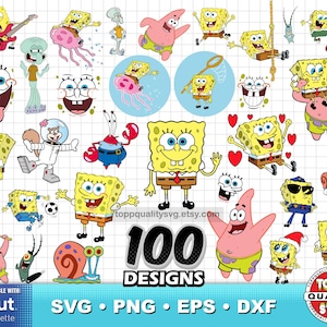 Lot de 100 cliparts dessin animé, fournitures pour travaux manuels imprimables, Bob l'éponge svg coupe des fichiers pour Cricut/Silhouette, dessin animé eps, png, fichiers dxf