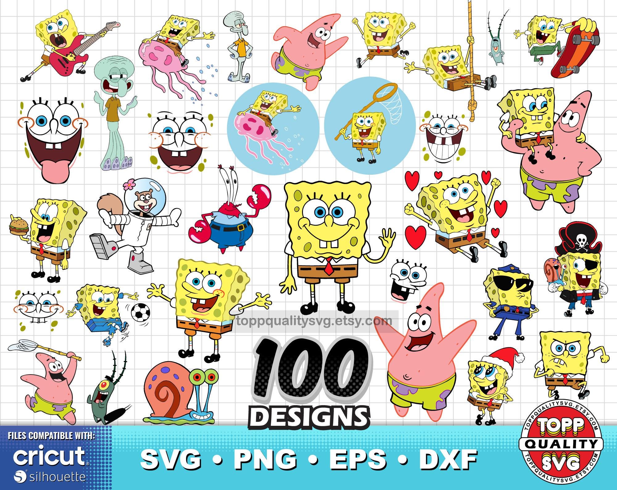 100 cliparts bundle cartoon, printable craft supply, Sponge Bob svg cut files for Cricut / Silhouette, cartoon eps, png, dxf files