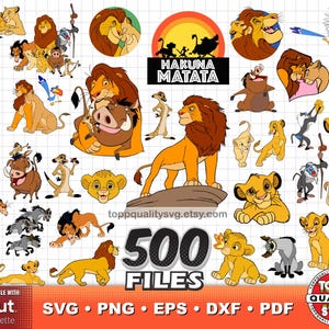 May include: A digital collection of Lion King character illustrations featuring Simba, Mufasa, Nala, Timon, Pumbaa, Scar, Zazu, and Rafiki. The graphic set includes 500 files in SVG, PNG, EPS, DXF, and PDF formats, with the text HAKUNA MATATA displayed.