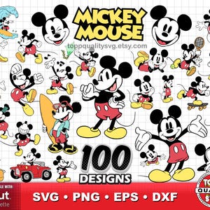 Op de afbeelding: Een verzameling van 100 Mickey Mouse-ontwerpen in verschillende poses en activiteiten. Mickey wordt afgebeeld tijdens het surfen, autorijden en sporten. De ontwerpen zijn in zwart, rood, geel en wit. Tekst bevat "MICKEY MOUSE" en "100 DESIGNS".