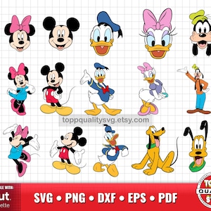 May include: A collection of cartoon character designs, including Mickey Mouse, Minnie Mouse, Donald Duck, Daisy Duck, Goofy, and Pluto. The characters are in various poses and outfits, with vibrant colors and distinct features. The image also includes text indicating file compatibility.