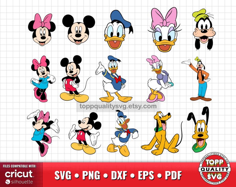 May include: A collection of cartoon character designs, including Mickey Mouse, Minnie Mouse, Donald Duck, Daisy Duck, Goofy, and Pluto. The characters are in various poses and outfits, with vibrant colors and distinct features. The image also includes text indicating file compatibility.