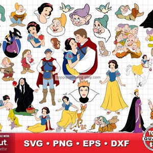 May include: A collection of Snow White and the Seven Dwarfs characters in various poses. The images include Snow White, the Prince, the Evil Queen, and the seven dwarfs. The bottom of the image has the text "SVG • PNG • EPS • DXF".