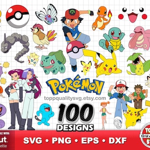 May include: A digital collection of 100 Pokémon character designs featuring Ash Ketchum, Pikachu, Charmander, Squirtle, Bulbasaur, and other iconic figures. The graphic includes the Pokémon logo, text reading 100 DESIGNS, and file format labels.
