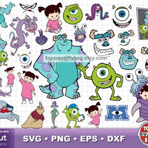 May include: A collection of cartoon character graphics from the movie Monsters, Inc. The image features Mike Wazowski, Sulley, Boo, and other monsters in various poses. The image also includes the text "SVG • PNG • EPS • DXF" and "toppqualitysvg.etsy.com".