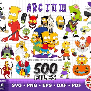 Puede incluir: Una colección digital de ilustraciones de personajes de dibujos animados con varias figuras en disfraces de Halloween, incluidos diablos, brujas, zombis y payasos. El gráfico incluye el texto "500 FILES" y "toppqualitysvg.etsy.com" sobre un fondo de cuadrícula.