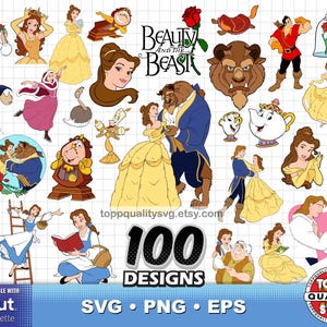 Puede incluir: Una colección de ilustraciones digitales coloridas con personajes y elementos de la película animada "La Bella y la Bestia". Incluye a Bella, la Bestia, Lumiere, Din Don y otros personajes. La imagen también incluye el texto "100 DESIGNS" y "SVG • PNG • EPS".