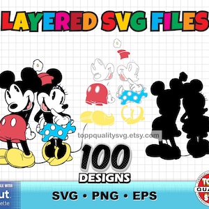 May include: A digital graphic set featuring layered SVG files of two cartoon mice characters. The image displays colored character illustrations, separated component parts, and solid black silhouettes. Text includes LAYERED SVG FILES, 100 DESIGNS, and SVG PNG EPS.
