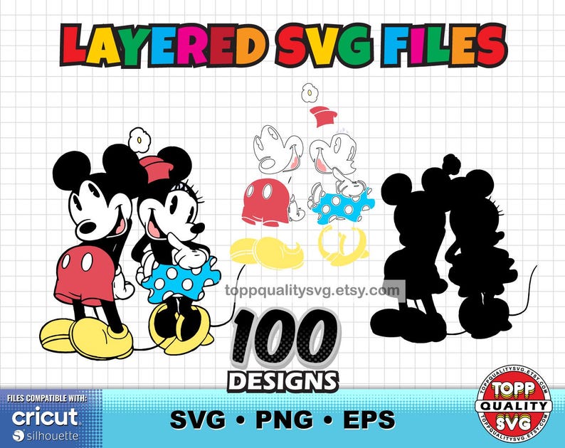 May include: A digital graphic set featuring layered SVG files of two cartoon mice characters. The image displays colored character illustrations, separated component parts, and solid black silhouettes. Text includes LAYERED SVG FILES, 100 DESIGNS, and SVG PNG EPS.