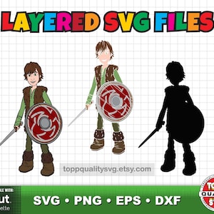 Puede incluir: Archivos SVG digitales que presentan un personaje de dibujos animados con una espada y un escudo. La imagen incluye una versi&oacute;n a color, una versi&oacute;n de arte lineal y una silueta. El texto dice "LAYERED SVG FILES" y "SVG, PNG, EPS, DXF".