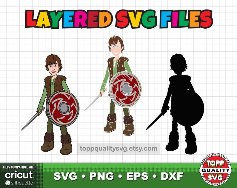 Puede incluir: Archivos SVG digitales que presentan un personaje de dibujos animados con una espada y un escudo. La imagen incluye una versi&oacute;n a color, una versi&oacute;n de arte lineal y una silueta. El texto dice "LAYERED SVG FILES" y "SVG, PNG, EPS, DXF".