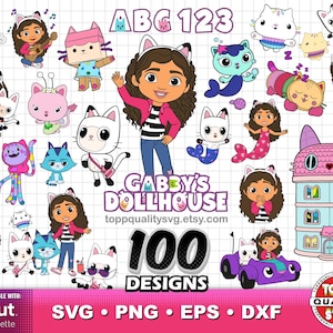 May include: A digital graphic featuring Gabby's Dollhouse characters and elements. The design includes various cartoon characters, a dollhouse, and the text "Gabby's Dollhouse" and "100 Designs". The image also includes the text "ABC 123".