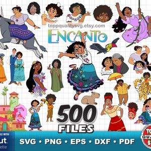 May include: A digital collection of Encanto character illustrations featuring Mirabel, Isabela, Luisa, and other family members in various poses, including a house, a toucan, and a capybara, with the text Encanto and 500 FILES displayed.