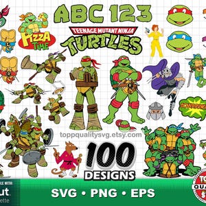 Peut inclure: Une collection de 100 motifs des Tortues Ninja en formats SVG, PNG et EPS. L'image présente divers personnages, logos et phrases, dont "Pizza Time" et "Cowabunga". Les motifs sont compatibles avec les machines Cricut et Silhouette.
