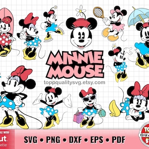 Conjunto de imágenes prediseñadas clásicas de Minnie, material de manualidades imprimible, archivos de corte SVG de Minnie para Cricut/Silueta, archivos PNG de Minnie