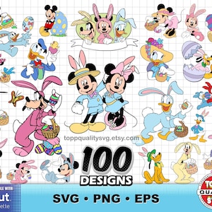 Op de afbeelding: Een digitale afbeelding met verschillende stripfiguren, waaronder Mickey en Minnie Mouse, verkleed als paashazen. De afbeelding bevat de tekst "100 DESIGNS" en is compatibel met Cricut- en Silhouette-machines. De personages staan in verschillende poses, met paaseieren en manden.